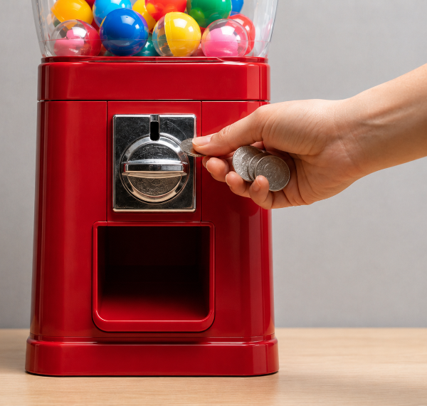 Hand inserting a coin into a red gumball machine filled with colorful capsules.
