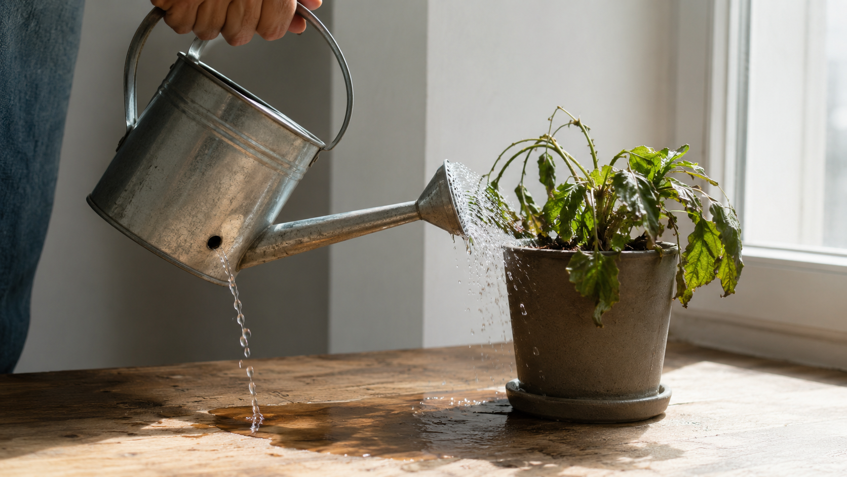 Watering can pouring water onto a wilted potted plant by a window.