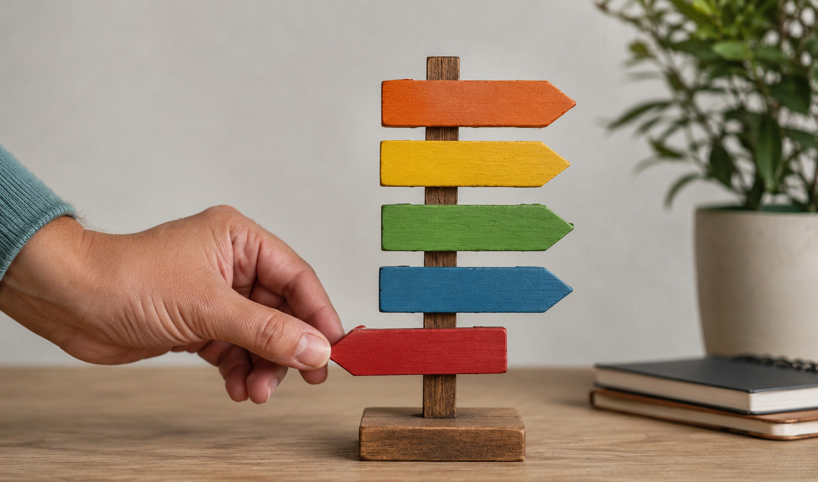 Hand arranging colorful wooden arrow signs on a tabletop.